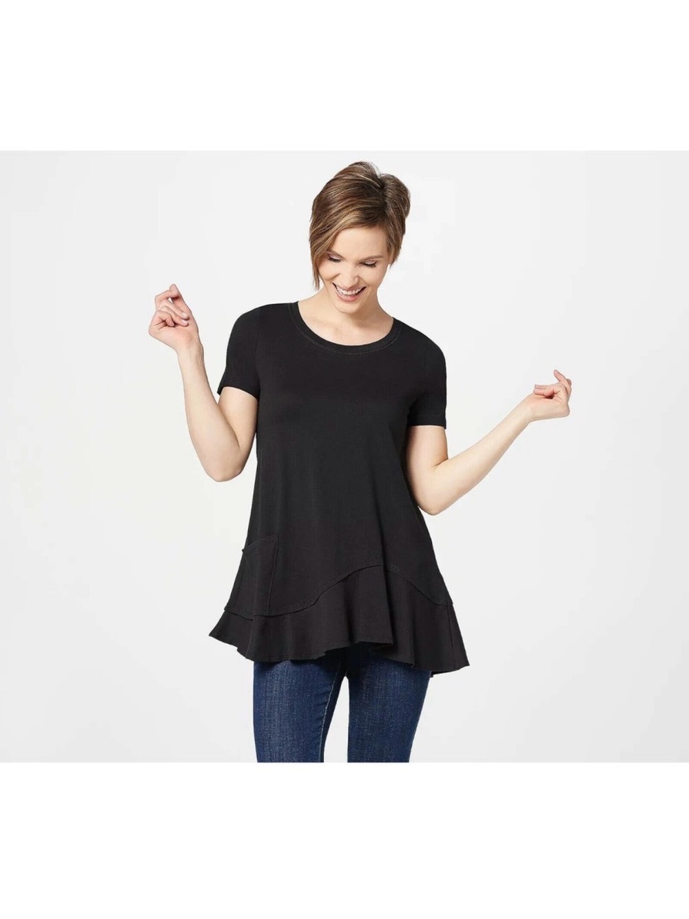 LOGO by Lori Goldstein Womens Short Sleeve Knit Top Asymmetic Hem XS Black